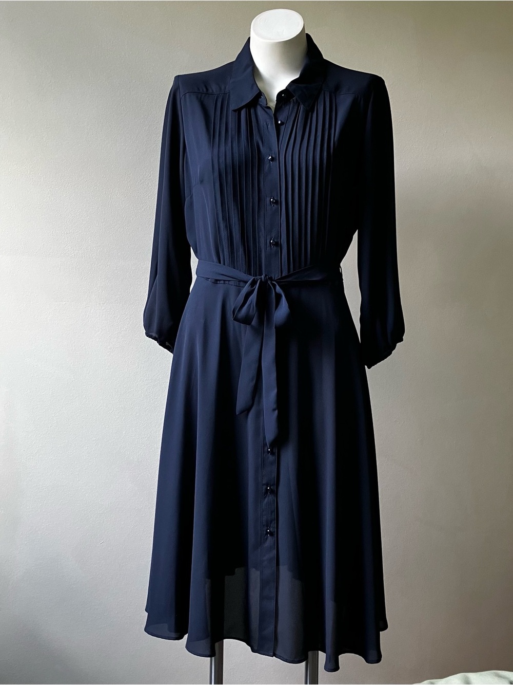 Nanette Lepore | Pleated Navy Long Sleeve Fit & Flare Dress